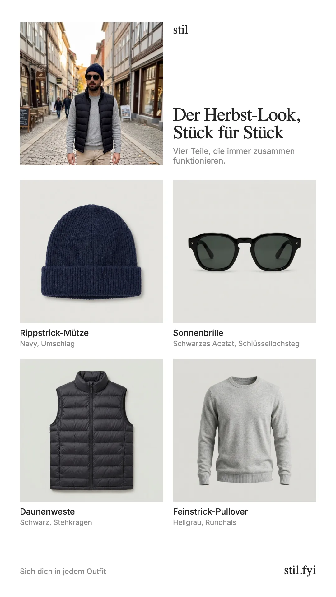 Ejemplo de tarjeta: foto arriba y debajo gorro, gafas de sol, chaleco de plumas y jersey como fotos de producto